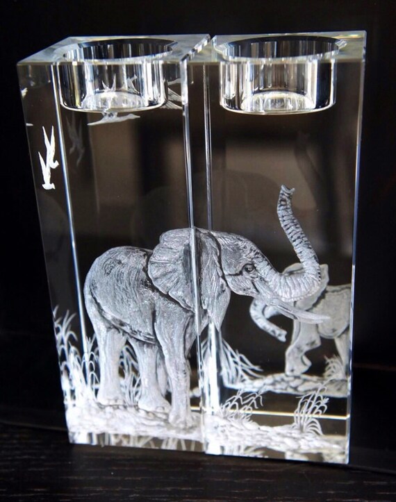 Pair of Hand engraved Crystal candlesticks elephants, engraved crystal, wedding gifts, office decor, home decor, etched candlesticks