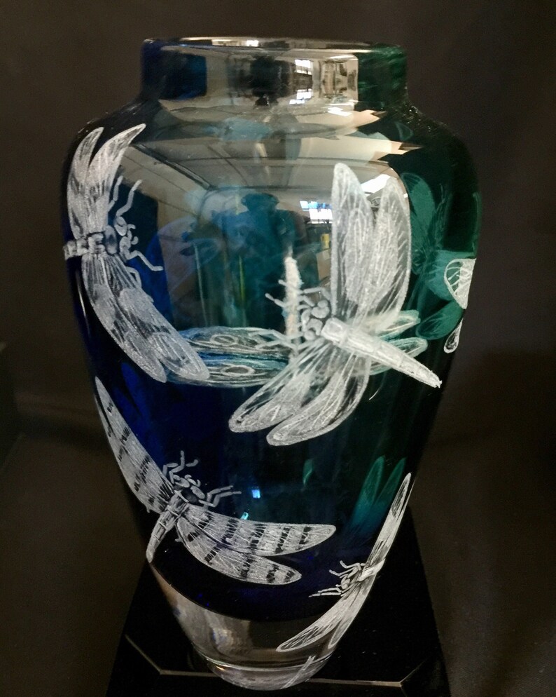 Hand Engraved Glass Vase, Dragonflies, Art Glass, Engraved, Weddings