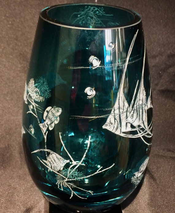 Hand Engraved Coral fish vase, Engraved glass, Glass Engraving, Coral Fish, Floral vase etched, Home Decor, Retirement gift, Angel Fish