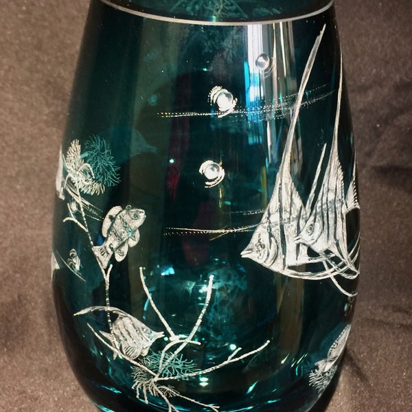 Hand Engraved Coral fish vase, Engraved glass, Glass Engraving, Coral Fish, Floral vase etched, Home Decor, Retirement gift, Angel Fish