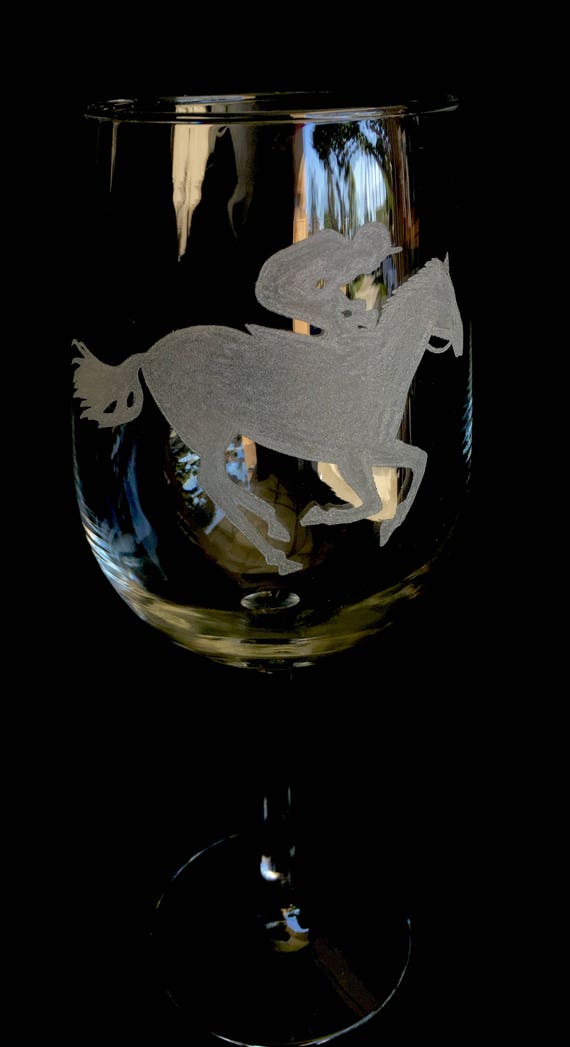 HandEngraved wine glass Horse and Jockey