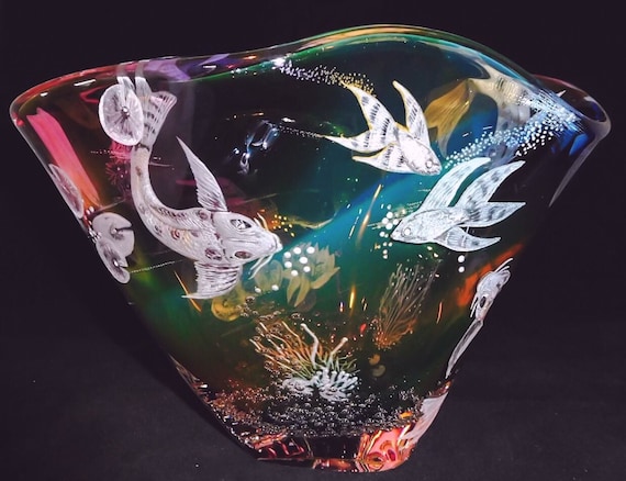 Hand Engraved Bowl, Koi Fish, HandBlown, Engraved, Koi, Homedecor, Wedding Gifts, Birthdays, centerpiece