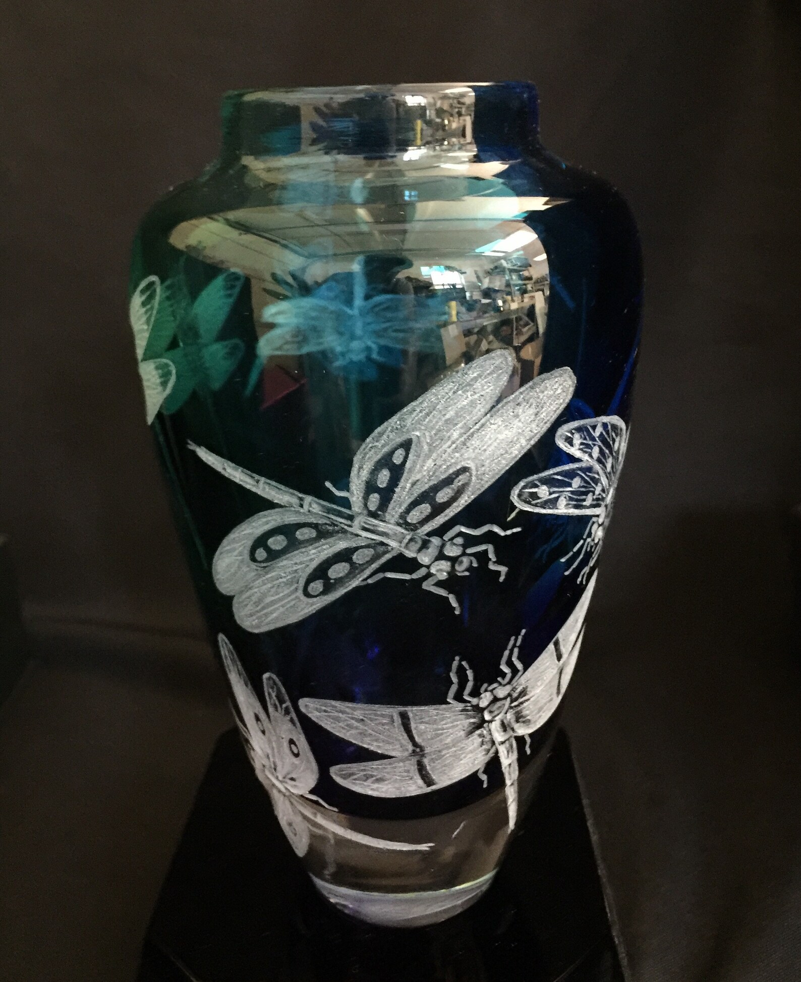 Hand Engraved Glass Vase, Dragonflies, Art Glass, Engraved, Weddings