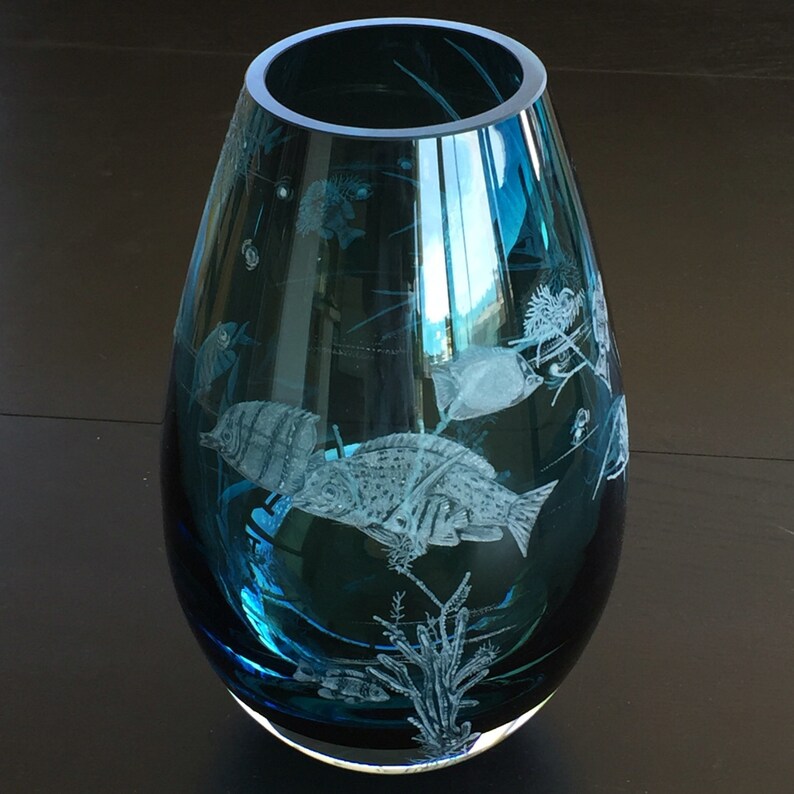 Hand Engraved Coral Fish Vase Engraved Glass Glass Etsy