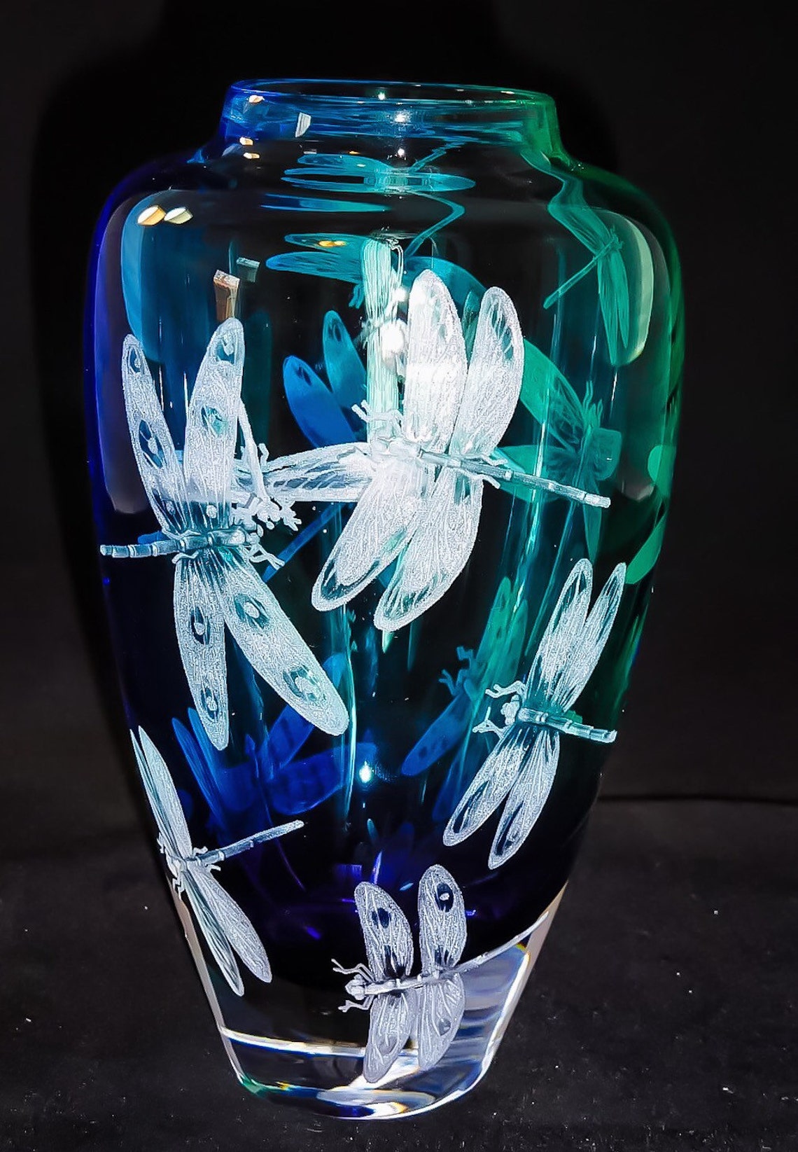 Hand Engraved Glass Vase, Dragonflies, Art Glass, Engraved, Weddings