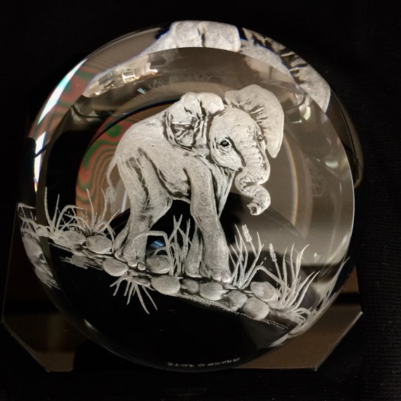 Hand Engraved Jewel Paperweight Elephant, Engraved glass, collectibles, Office Decor, Home Decor, African Art, Orrefors Jewel crystal