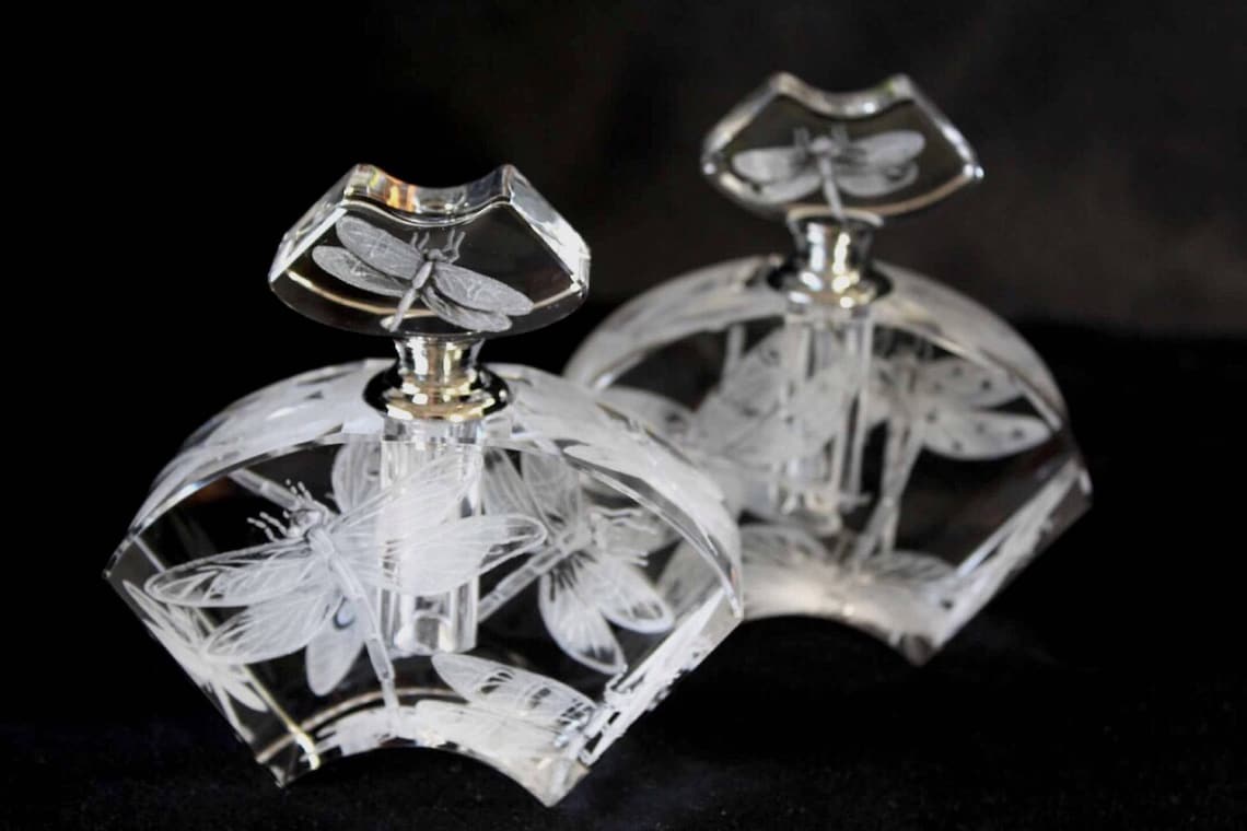 Hand Engraved Perfume Bottle Dragonflies Oleg Cassini Etsy