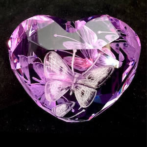 Hand Engraved Purple Paperweight Butterflies, Office Decor, Home Decor, Etched Butterflies, office decor, Butterflies crystal Paperweight
