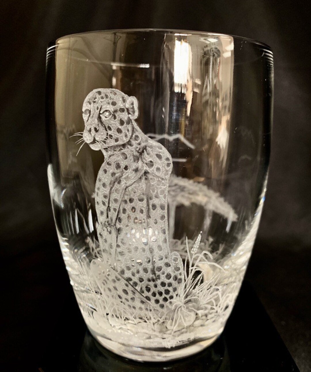 Hand Engraved Double Old Fashion Glass Cheetah, Cheetah