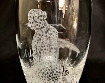 Hand Engraved Double Old Fashion Glass Cheetah, Cheetah