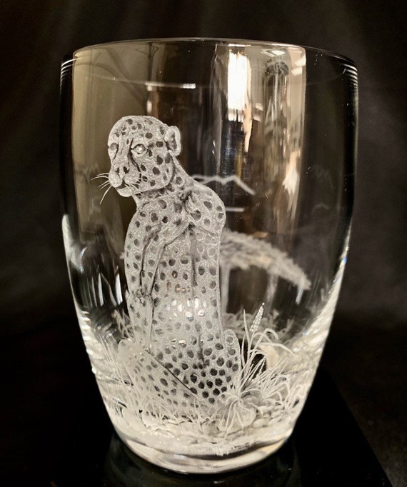 Hand Engraved double old fashion glass Cheetah, Cheetah, Engraved Glass, African Art, Crystal Glass Engraved, Etched Animal