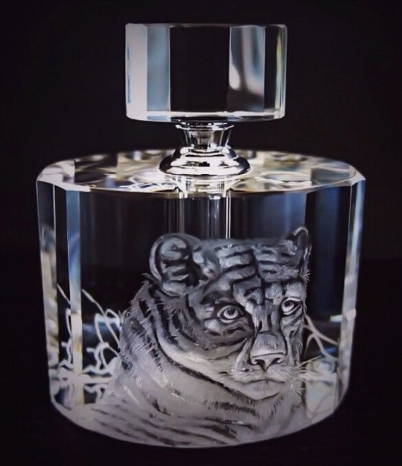 Hand Engraved Perfume Bottle, Oleg Cassini Crystal, Mini Perfume Bottle, Perfume Bottle, Tiger, vanity Tray, Perfume Tray, Etched Tiger head