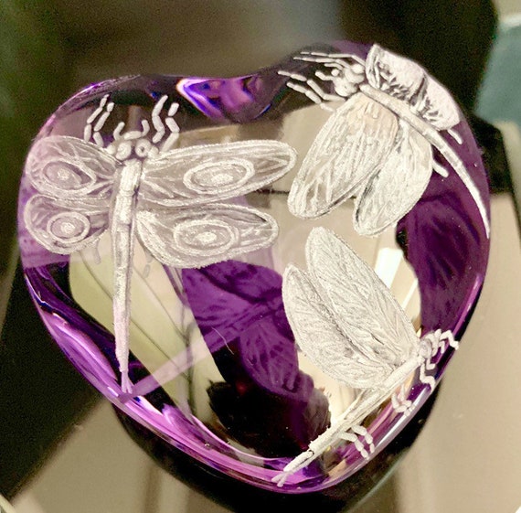 Baccarat Paperweight, handengraved dragonflies, collectible, paperweight, gifts, weddings, bridal, butterflies, valentines, Purple Heart