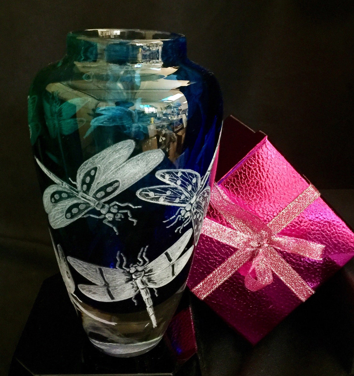 Hand Engraved Glass Vase, Dragonflies, Art Glass, Engraved, Weddings