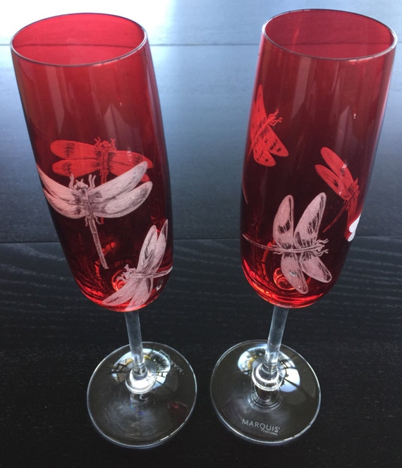 Hand Engraved Dragonflies on Flutes, Home Decor, Dining, Barware, Gifts, Toasting Flutes