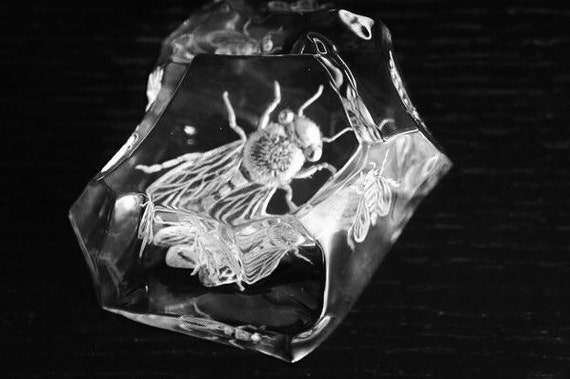 Hand Engraved  Val St. Lambert Belgium Crystal Iceberg Paperweight, Bees, office decor, engraved, engraving, paperweights, personalized