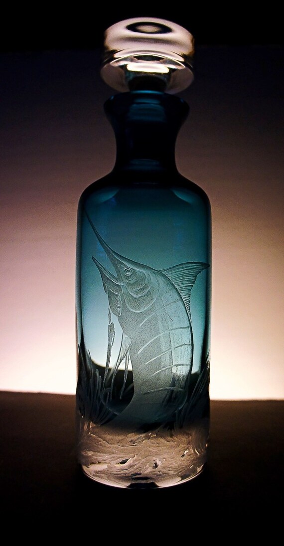 Marlin, blue, glass, Crystal, etched, handengraved, free hand, fish, bluemarlin, fathers day, wedding gift, decor