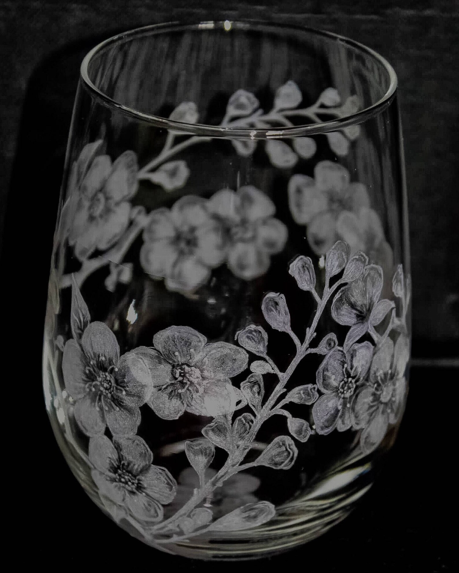 Hand Engraved Cherry Blossom Stemless Glass Stemless Wine Etsy