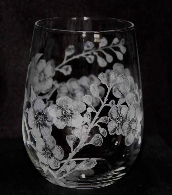 Hand Engraved Cherry Blossom Stemless Glass, Stemless Wine Glass, Cherry Blossom, Floral, Wine Glasses, Home Decor, Table Setting