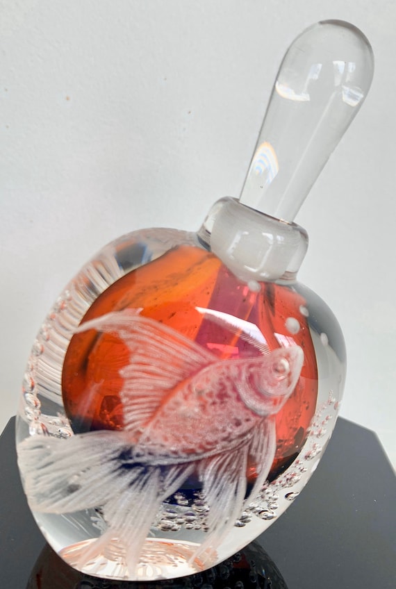 Hand engraved tilted Goldfish  Perfume Bottle, vanity, homedecor, perfume bottle, scented, crystal perfume bottle, wedding gift, handblown