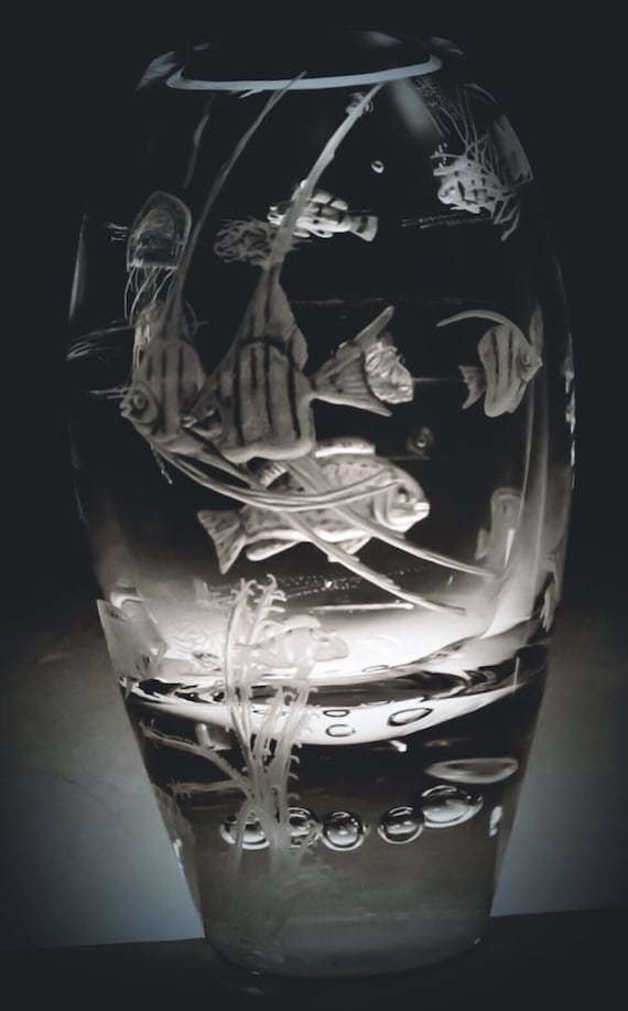 Hand Engraved Coral Fish Vase, wedding, hand carved, etched vase,home decor, house warming, retirement gift, Mothers Day Gift, Crystal