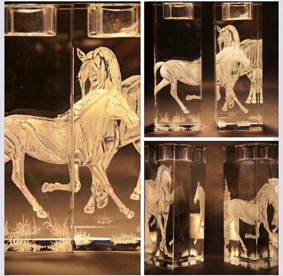 Hand Engraved crystal Candleholder, Horses, home decor, etched, handengraved, candlesticks,office decor, crystal gift, housewarming