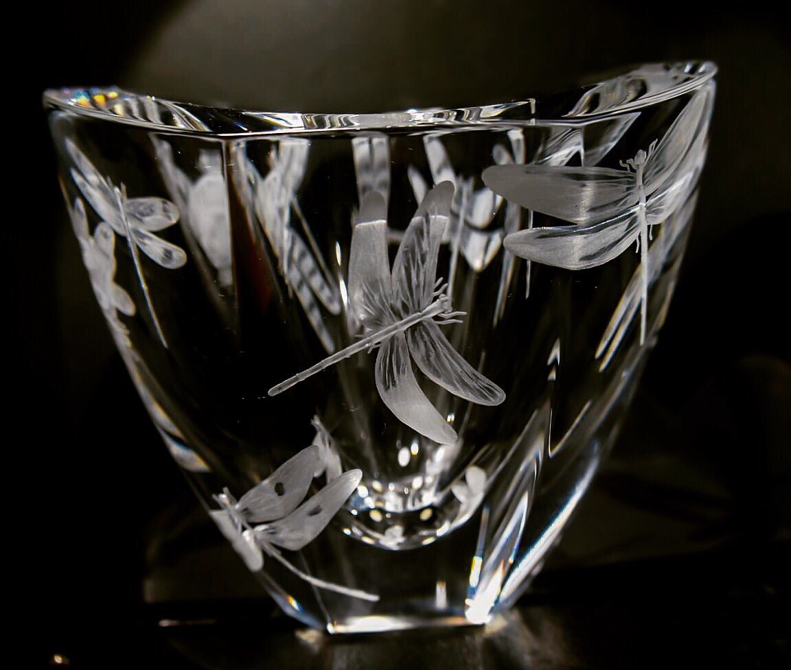 Hand Engraved Dragonfly Bowl, Crystal, Dragonflies Engraved, Center