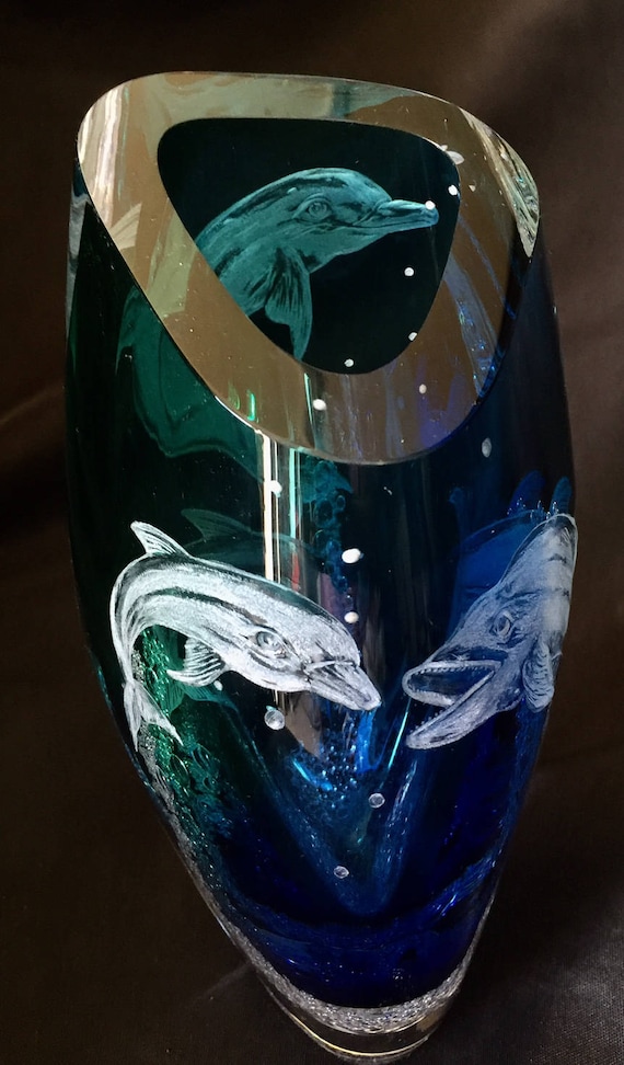 Hand Engraved Dolphin Vase, Glass Engraving, Dolphins, Vase Etched, Engraved glass