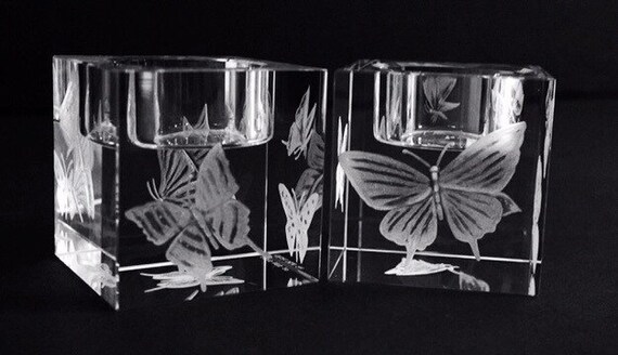 Hand Engraved crystal Candleholder, Butterflies, home decor, etched, handengraved, candlesticks,office decor, crystal gift, housewarming