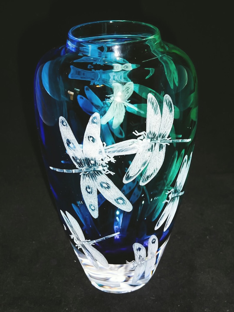 Hand Engraved Glass Vase, Dragonflies, Art Glass, Engraved, Weddings