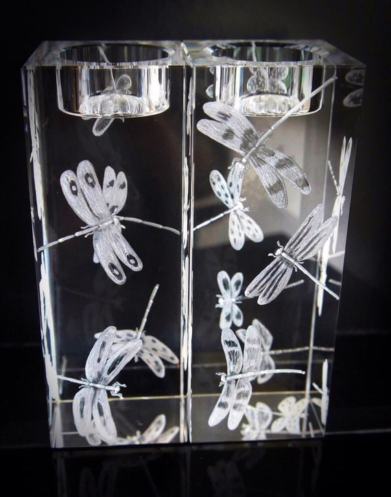 Hand Engraved crystal Candleholder, Dragonflies, home decor, etched, handengraved, candlesticks,office decor, crystal gift, housewarming