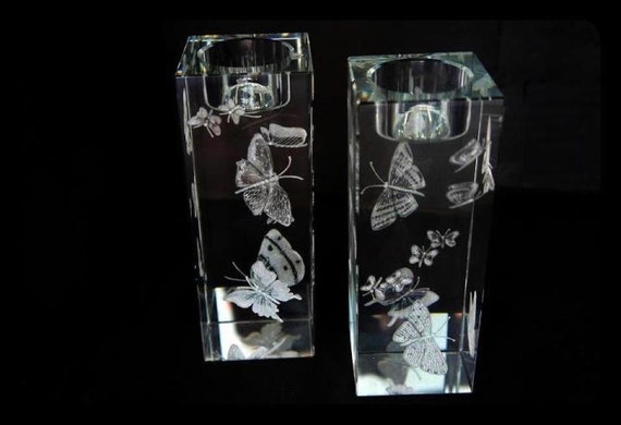 Hand Engraved crystal Candleholder, Butterflies, home decor, etched, handengraved, candlesticks,office decor, crystal gift, housewarming