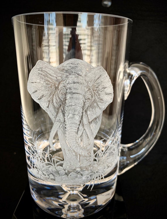 Hand Engraved Beer Mug, Beer Glass, Hand Engraved Glass, Elephant, Etched Elephants, Barware Gifts, African Art