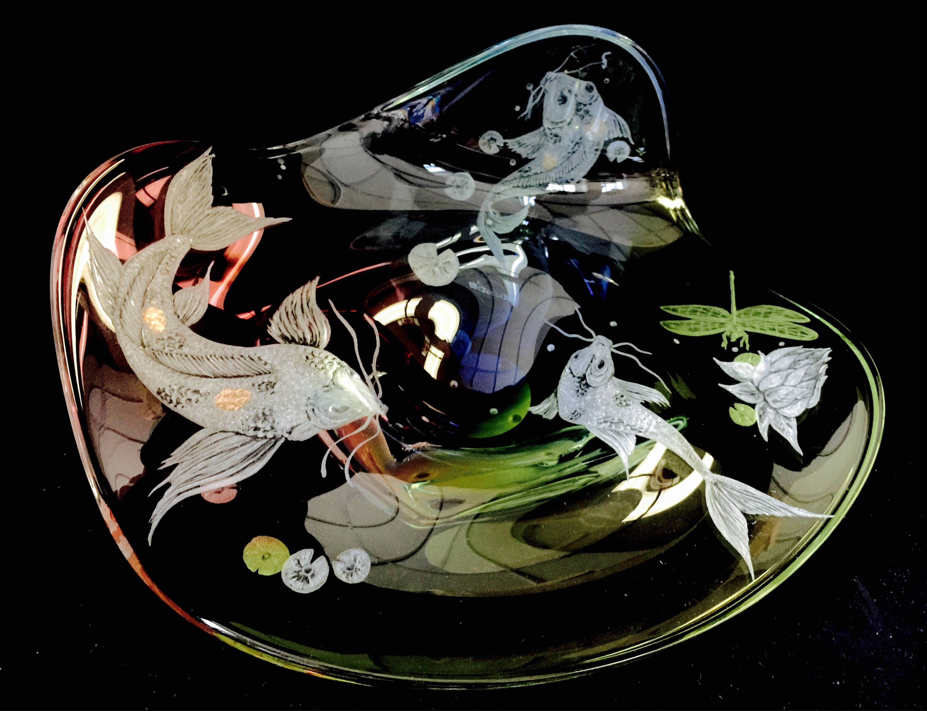 Hand Engraved Large Bowl Koi Fish Engraved Koi Centerpiece Etsy