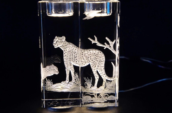 Hand Engraved crystal Candleholder, Cheetah, home decor, etched, handengraved, candlesticks,office decor, crystal gift, housewarming, pair