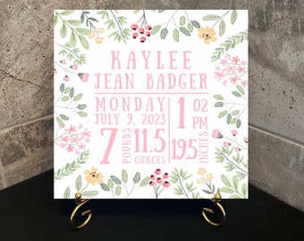 Carrelage pour faire-part de naissance avec statistiques de naissance 20 x 20 cm (20 x 20 cm) carreau personnalisé vert sauge et rose