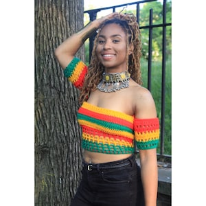 Red,gold,green off the shoulder top.