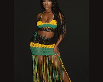 Jamaican fringe mesh skirt with crop top.