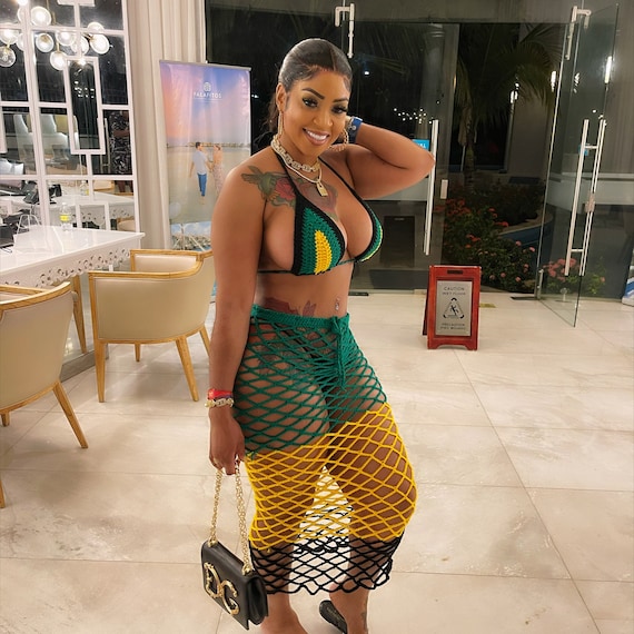 Jamaican Diamond Mesh Skirt With Bikini Top. Color Option Available 
