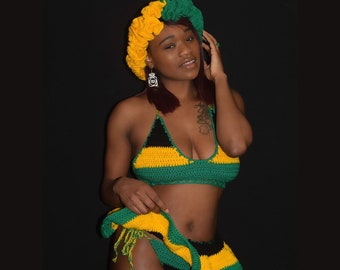 Jamaican ruffle headband with bikini set with flare skirt.