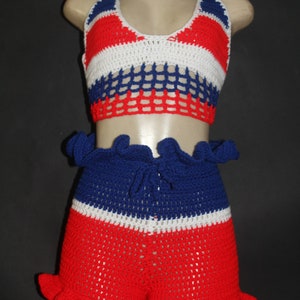 Red,white & blue crop top with ruffle shorts.