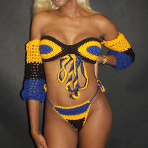 Barbados tie front off the shoulder top with mesh puff sleeves with bikini thong.