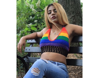 Scoop neckline rainbow crop top.