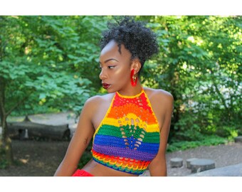 Rainbow high neck crop top.