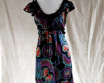 RARE Vintage Betsy Johnson 100% Silk Multicolor Ruffled Dress