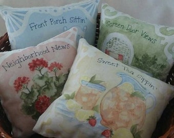 Set of 4 Handmade Pillows Decorative Little Girls Room Pin Cushion Bowl Filler Shabby Chic Southern Charm Rocking Chair Floral