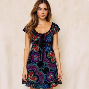 RARE Vintage Betsy Johnson 100% Silk Multicolor Ruffled Dress