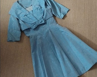 Vintage 2 Piece Set Blue Brocade Couture Dress with Matching Short Jacket