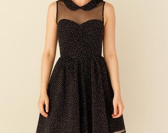 betsey johnson polka dot mesh dress Betsy Johnson Mesh Lace Polka Dot Short Black Party Shift Dress 3/4 Sleeve, sz.6
