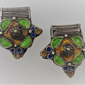 Silver Enamel Moroccan Crosses - Berber Boghdad 3-D Pendants - GREEN - Ethnic Tribal African - TWO Pieces